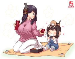 Rule 34 | 2girls, aged down, alternate costume, animal, animal on head, artist logo, bento, black hair, blue overalls, blush, brown hair, cherry blossoms, child, closed eyes, commentary request, dated, dog, dog on head, eating, food, hair ornament, hanami, heart, kanon (kurogane knights), kantai collection, long sleeves, medium hair, multiple girls, on head, onigiri, open mouth, overalls, pants, petals, picnic, pink shirt, puppy, red eyes, seiza, shigure (kancolle), shirt, short hair, sitting, smile, socks, thermos, white background, white legwear, white pants, white shirt, yamashiro (kancolle)