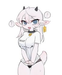 Rule 34 | 1girl, 666, ?, animal collar, animal ear fluff, animal ears, black panties, blue eyes, blush, breasts, collar, commentary, cowboy shot, curvy, dotted line, ear tag, english commentary, furry, furry female, goat ears, goat girl, goat horns, goat tail, hair between eyes, horns, kid094ff, large breasts, long hair, looking at viewer, no pants, open mouth, original, pale skin, panties, shirt, shirt tug, short sleeves, simple background, solo, speech bubble, spoken question mark, t-shirt, tail, tented shirt, underwear, white background, white hair, white shirt