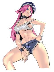 Rule 34 | 1girl, abs, absurdres, blue eyes, closed mouth, collar, final fight, hat, highres, pink eyes, poison (final fight), shorts, solo, street fighter, taiyou, tank top, white background, white tank top