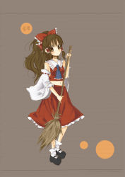 Rule 34 | 1girl, ascot, bad id, bad pixiv id, bobby socks, bow, broom, brown background, brown eyes, brown hair, collar, detached sleeves, female focus, frills, full body, hair bow, hakurei reimu, holding, japanese clothes, looking at viewer, mary janes, miko, navel, phantasmagoria of flower view, ponytail, shoes, simple background, socks, solo, standing, touhou, umi (umi02)