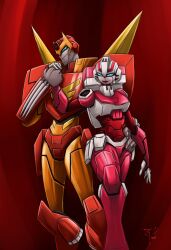 Rule 34 | 1boy, 1girl, arcee, autobot, blue eyes, boots, breasts, crimson-nemesis, highres, holding another&#039;s wrist, holding hands, humanoid robot, medium breasts, panties, pink lips, pink panties, red background, robot, rodimus, rodimus prime, thick thighs, thighs, transformers, transformers animated, underwear, wings