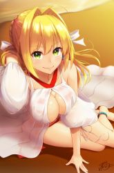 Rule 34 | 1girl, ahoge, bad id, bad pixiv id, beach, bikini, blonde hair, bracelet, commentary request, criss-cross halter, earrings, evening, fate/grand order, fate (series), green eyes, hair down, hair flip, hair intakes, halterneck, highres, jewelry, lips, looking at viewer, lying, nero claudius (fate), nero claudius (fate) (all), nero claudius (swimsuit caster) (fate), nero claudius (swimsuit caster) (third ascension) (fate), on side, ramchi, red bikini, see-through, side-tie bikini bottom, signature, solo, striped bikini, striped clothes, sunlight, swimsuit, thighs, twintails, water