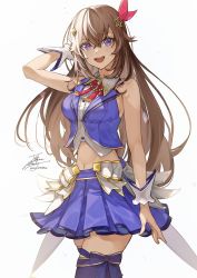Rule 34 | 1girl, blouse, blue eyes, blue ribbon, blue skirt, blue thighhighs, blue vest, brown hair, commentary, commentary request, cropped vest, diamond hair ornament, fadingz, hair flaps, hair ornament, hair ribbon, hairclip, highres, hololive, idol, leg ribbon, long hair, looking at viewer, midriff, miniskirt, navel, neck ribbon, open mouth, pixiv id, pleated skirt, red ribbon, ribbon, shirt, signature, simple background, skirt, sleeveless, sleeveless shirt, solo, star (symbol), star hair ornament, thigh ribbon, thighhighs, tokino sora, tokino sora (1st costume), vest, virtual youtuber, white background, wrist cuffs, zettai ryouiki