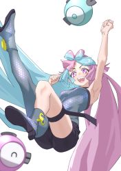 Rule 34 | 1girl, :d, absurdres, arm up, armpits, bare arms, black shorts, blue hair, boots, bow-shaped hair, clenched hands, commentary request, creatures (company), full body, game freak, grey pantyhose, hexagon print, highres, iono (pokemon), light blue hair, long hair, looking at viewer, multicolored hair, nintendo, open mouth, pantyhose, pink eyes, pink hair, pokemon, pokemon sv, sharp teeth, shorts, simple background, single leg pantyhose, smile, solo, split-color hair, tanabe (fueisei), teeth, thigh strap, twintails, two-tone hair, v-shaped eyebrows, very long hair, white background