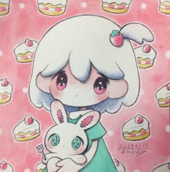 Rule 34 | 1girl, blush, button eyes, buttons, cake, dated, food, fork, highres, medium hair, no nose, original, outline, pink eyes, signature, solo, strawberry shortcake, stuffed animal, stuffed rabbit, stuffed toy, traditional media, upper body, white hair, white outline, zukky000