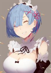 Rule 34 | 10s, 1girl, :d, bare shoulders, blue hair, breasts, brown background, cleavage, cleavage cutout, clothing cutout, club3, detached sleeves, dress, hair ornament, hair over one eye, hair ribbon, hairband, hairclip, large breasts, open mouth, parted lips, portrait, re:zero kara hajimeru isekai seikatsu, red ribbon, rem (re:zero), ribbon, short hair, simple background, sleeveless, sleeveless dress, smile, solo, teeth, upper body, white dress, x hair ornament