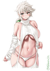 Rule 34 | 1girl, areola slip, artist name, bare shoulders, blush, braid, breasts, collarbone, commentary, cowboy shot, cropped legs, detached sleeves, ebifurya, gluteal fold, grey hair, groin, hair between eyes, highres, kantai collection, large breasts, long hair, looking at viewer, meme attire, navel, one-hour drawing challenge, panties, parted lips, ribbed sleeves, ribbed sweater, ribbed thighhighs, side-tie panties, sidelocks, simple background, single braid, skindentation, solo, sweater, thigh gap, thighhighs, thighs, twitter username, underwear, unryuu (kancolle), virgin destroyer sweater, white background, white hair, white panties, white sweater, white thighhighs, wide hips, yellow eyes