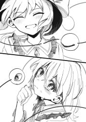 Rule 34 | 1girl, blush, chise s02, closed eyes, crying, facing viewer, frilled shirt collar, frills, greyscale, grin, hand up, hat, komeiji koishi, looking at viewer, looking up, monochrome, multiple views, short hair, smile, tears, third eye, touhou