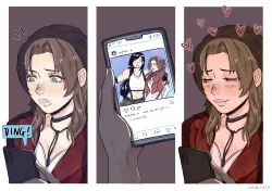 Rule 34 | !, 2girls, absurdres, aerith gainsborough, arm around shoulder, artist name, bare arms, bare shoulders, black hair, blush, braid, brown hair, cellphone, closed eyes, closed mouth, collarbone, earrings, elbow gloves, english text, eyelashes, female focus, final fantasy, final fantasy vii, final fantasy vii remake, fingerless gloves, gloves, green eyes, heart, highres, holding, holding cellphone, holding phone, jacket, jewelry, long hair, looking down, low-tied long hair, mamirato, midriff, multiple girls, necklace, panels, parted bangs, parted lips, phone, smile, speech bubble, square enix, suspenders, tank top, teeth, tifa lockhart, weapon, white tank top, yuri