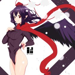 Rule 34 | 1girl, absurdres, artist name, black hair, black leotard, breasts, commentary request, cowboy shot, hand on own chest, hat, highres, hirasaka (gassy), leotard, long sleeves, looking at viewer, medium breasts, pointy ears, pom pom (clothes), red eyes, red scarf, revision, ribbed leotard, scarf, shameimaru aya, short hair, sidelocks, smile, solo, standing, thighs, tokin hat, touhou, twitter username, wedgie, white background