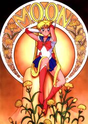 Rule 34 | 1990s (style), 1girl, arms up, art nouveau, bishoujo senshi sailor moon, bishoujo senshi sailor moon r, blonde hair, blue eyes, blue sailor collar, blue skirt, boots, bow, carnation, character name, choker, chrysanthemum, circlet, double bun, earrings, elbow gloves, flower, full body, gloves, hair bun, highres, jewelry, knee boots, long hair, magical girl, official art, red bow, red footwear, retro artstyle, sailor collar, sailor moon, scan, scan artifacts, school uniform, serafuku, skirt, solo, tadano kazuko, tiara, tsukino usagi, twintails, very long hair, white gloves, yellow background, yellow theme