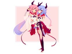 Rule 34 | 2others, blue eyes, blue hair, buttons, highres, horns, meika hime, meika mikoto, multiple others, nizumihd, one eye closed, other focus, pink eyes, pink hair, ponytail, skirt, vocaloid
