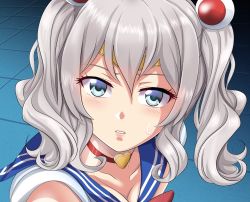 Rule 34 | 1girl, bishoujo senshi sailor moon, blue eyes, blue sailor collar, breasts, choker, circlet, cleavage, commentary request, cosplay, crescent, crescent earrings, derivative work, earrings, hair bun, hair ornament, heart, heart choker, jewelry, kantai collection, kashima (kancolle), looking at viewer, meme, one-hour drawing challenge, parody, parted lips, red choker, sailor collar, sailor moon, sailor moon (cosplay), sailor moon redraw challenge (meme), sailor senshi uniform, screenshot redraw, sidelocks, silver hair, single hair bun, solo, tk8d32, tsurime, twintails, upper body, wavy hair