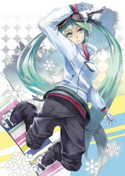 Rule 34 | 1girl, alternate costume, aqua eyes, aqua hair, boots, goggles, goggles on head, hatsune miku, jacket, kibamigohann, long hair, looking at viewer, mittens, parted lips, snowboard, snowflakes, solo, twintails, very long hair, vocaloid