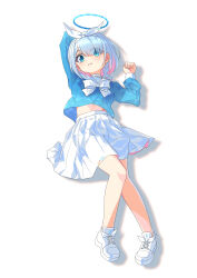 1girl absurdres arm_up arona_(blue_archive) blue_archive blue_eyes blue_hair blue_halo blue_pupils blue_shirt blush bow_hairband braid choker colored_inner_hair commentary full_body hair_over_one_eye hairband halo highres long_sleeves looking_at_viewer midriff multicolored_hair onejio open_mouth pink_hair pleated_skirt ribbon sailor_collar shadow shirt shoes short_hair simple_background single_braid skirt sneakers solo white_background white_choker white_footwear white_hairband white_ribbon white_skirt