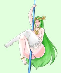 Rule 34 | 1girl, anus, blush, breasts, cleft of venus, crotch rub, green eyes, green hair, highres, jewelry, kid icarus, legs, lm (legoman), long hair, long legs, matching hair/eyes, nail polish, naughty face, nintendo, nipples, palutena, pole, pole dancing, pole grind, pussy, pussy juice, simple background, single thighhigh, smile, solo, thick thighs, thighhighs, thighs, uncensored, very long hair
