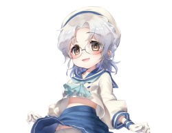 Rule 34 | 1girl, blue neckwear, blue sailor collar, blue skirt, brown eyes, commentary request, from below, garter straps, glasses, gloves, hat, hirato (kancolle), hisasi, kantai collection, long sleeves, looking at viewer, panties, pleated skirt, sailor collar, sailor hat, school uniform, serafuku, short hair, silver hair, simple background, skirt, solo, underwear, upper body, white background, white gloves, white panties
