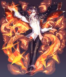 Rule 34 | 1boy, :o, bad id, bad pixiv id, black cape, black hair, black pants, bracelet, cape, dragon poker, fire, full body, hair ornament, hair over one eye, hairclip, highres, jewelry, lemming no suana, looking at viewer, male focus, pants, pocket, solo, standing