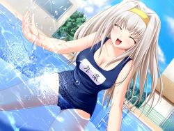 Rule 34 | 1girl, blue one-piece swimsuit, blush, breasts, cleavage, cloud, collarbone, closed eyes, hairband, inakoi, kujou hiina, ladder, large breasts, light rays, long hair, one-piece swimsuit, open mouth, pool, school uniform, silver hair, sky, smile, solo, sparkle, splashing, standing, sunbeam, sunlight, swimsuit, tenmaso, tree, water, wet