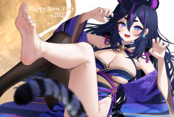 Rule 34 | 1girl, 2022, :d, animal ears, bare legs, bare shoulders, barefoot, black hair, black legwear, blue eyes, blurry, blurry foreground, blush, breasts, chinese zodiac, claw pose, cleavage, colored tips, depth of field, dutch angle, earrings, fangs, feet, foot focus, foot out of frame, foreshortening, hair between eyes, happy new year, highres, indie virtual youtuber, japanese clothes, jewelry, kimono, kohanayuki, large breasts, long hair, long sleeves, looking at viewer, lying, multicolored hair, new year, obi, open mouth, original, pelvic curtain, purple hair, purple kimono, sash, short eyebrows, side slit, sidelocks, single leg pantyhose, smile, smle, soles, solo, tail, thick eyebrows, tiger ears, tiger stripes, tiger tail, toes, twitter username, underboob, very long hair, virtual youtuber, watermark, wide sleeves, year of the tiger
