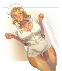 Rule 34 | 1girl, arms up, beautiful, blonde hair, blush, breasts, cleavage, close-up, collarbone, collared dress, covered erect nipples, curvy, curvy hips, dress, facing viewer, female focus, fingernails, hat, highres, homare (fool&#039;s art), huge breasts, huge cleavage, impossible clothes, lips, lipstick, long hair, looking at viewer, makeup, microdress, minidress, nail polish, nurse, nurse cap, one eye closed, open mouth, original, panties, pantyshot, parted lips, pink lips, pink nails, red eyes, revealing clothes, shiny, shiny hair, shiny lips, shiny skin, short dress, short sleeves, simple background, standing, tan, tan skin, thick thighs, thigh gap, thighhighs, thighs, tight, tight dress, tight uniform, underwear, unzipped, very long hair, white background, white dress, white headwear, white legwear, white panties, white uniform, wide hips, wink