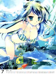 Rule 34 | 10s, 1girl, 2013, absurdres, barefoot, bikini, blue eyes, blush, breasts, calendar, character request, cleavage, coral, dolphin, fish, freediving, green hair, highres, large breasts, long hair, mikeou, navel, non-web source, ocean, original, smile, solo, striped bikini, striped clothes, swimming, swimsuit, underwater, vertical-striped bikini, vertical-striped clothes