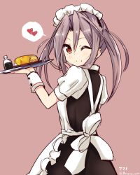 Rule 34 | 10s, 1girl, alternate costume, amano kouki, apron, brown eyes, enmaided, food, heart, highres, kantai collection, light brown hair, looking at viewer, maid, maid apron, maid headdress, omelet, one eye closed, pink background, puffy short sleeves, puffy sleeves, short sleeves, signature, simple background, smile, solo, soy sauce, spoken heart, tamagoyaki, twintails, twitter username, zuihou (kancolle)