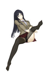Rule 34 | &gt;:(, 10s, 1girl, bad id, bad pixiv id, black eyes, black hair, black panties, black pantyhose, blazer, blush, breasts, buttons, closed mouth, dressing, eyelashes, frown, full body, highres, invisible chair, jacket, kurihara mari (prison school), leg up, long hair, long sleeves, medium breasts, miniskirt, nakabayashi reimei, neck ribbon, no shoes, panties, pantyhose, plaid, plaid skirt, pleated skirt, pocket, prison school, red ribbon, red skirt, ribbon, school uniform, see-through, shiny clothes, shirt, simple background, sitting, skirt, solo, underwear, v-shaped eyebrows, white background, white shirt