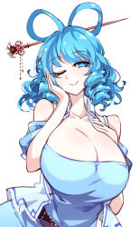 Rule 34 | 1girl, blue eyes, blue hair, breasts, cleavage, collar, collarbone, dress, highres, huge breasts, kaku seiga, lips, looking at viewer, nose, raptor7, simple background, smile, solo, touhou, upper body, white background