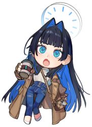 Rule 34 | 1girl, bag, blue eyes, blue hair, blunt bangs, chibi, coffee cup, cup, disposable cup, eus ing, fang, full body, halo, handbag, holding, holding cup, hololive, hololive english, long hair, looking at viewer, official alternate costume, official alternate hair length, official alternate hairstyle, open mouth, ouro kronii, ouro kronii (casual), simple background, skin fang, solo, tongue, very long hair, virtual youtuber, white background