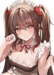Rule 34 | 1girl, absurdres, black nails, blush, brown hair, flower, flower-shaped pupils, genshin impact, grin, hair flower, hair ornament, hasom, highres, hu tao (genshin impact), long hair, plum blossoms, sidelocks, simple background, smile, symbol-shaped pupils, twintails, white background