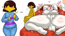 Rule 34 | 1boy, 1girl, after vaginal, aftersex, animal ears, ass, bed, blush, breasts, brown hair, colored skin, cum, cum in pussy, enigi09, frisk (undertale), furry, furry female, furry with non-furry, heart, highres, horns, huge ass, interspecies, large breasts, lying, mother and son, on bed, short hair, simple background, size difference, speech bubble, toriel, undertale, white background, yellow skin