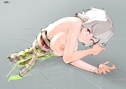 Rule 34 | 1girl, 591mm, android, bisected, blood, breasts, colored blood, female focus, green blood, guro, highres, large breasts, looking at viewer, lying, nipples, on ground, original, red eyes, ribcage, short hair, solo, spine, white hair