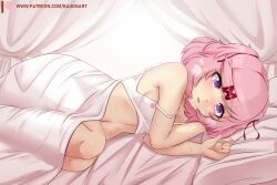 Rule 34 | 1girl, :d, arm pillow, artist name, bare shoulders, bed, bed sheet, blush, bob cut, breasts, breath, camisole, commentary, cropped shirt, curled fingers, curled up, curtains, doki doki literature club, fang, feet out of frame, hair ornament, hair ribbon, highres, indoors, knees up, looking at viewer, lying, midriff, mixed-language commentary, natsuki (doki doki literature club), navel, nose blush, on bed, on side, open mouth, patreon logo, patreon username, pillow, pink hair, purple eyes, raion (raionart), red ribbon, ribbon, short hair, small breasts, smile, solo, strap slip, sweat, swept bangs, trembling, two side up, under covers, white background, white camisole, x hair ornament
