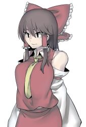 Rule 34 | 1girl, aaaa (aaaa480), black eyes, bow, breasts, brown hair, closed mouth, collared shirt, commentary request, cookie (touhou), cowboy shot, detached sleeves, expressionless, frilled bow, frilled hair tubes, frills, hair between eyes, hair bow, hair tubes, hakurei reimu, large breasts, long bangs, long hair, looking afar, necktie, red bow, red shirt, red skirt, reu (cookie), shirt, sidelocks, simple background, skirt, skirt set, sleeveless, sleeveless shirt, solo, touhou, transparent background, white sleeves, yellow necktie
