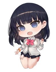 Rule 34 | 1girl, :d, bad id, bad pixiv id, black hair, black skirt, blue eyes, blush, bow, cardigan, chibi, collared shirt, commentary request, dokomon, full body, gridman universe, hand up, highres, korean commentary, lap pillow invitation, long hair, long sleeves, looking at viewer, open mouth, orange scrunchie, patting lap, pleated skirt, red bow, scrunchie, shirt, simple background, skirt, smile, solo, ssss.gridman, takarada rikka, v-shaped eyebrows, white background, white cardigan, white shirt, wrist scrunchie