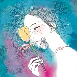Rule 34 | 2girls, blush, dyuami, floating hair, flower, from behind, long hair, multiple girls, original, parted lips, partially submerged, pink ribbon, ribbon, star (symbol), surreal, tulip, wide shot, yellow flower, yellow tulip
