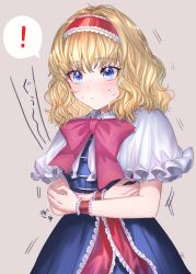 Rule 34 | !, 1girl, absurdres, alice margatroid, bad id, bad pixiv id, blonde hair, blue dress, blue eyes, blush, bow, bowtie, capelet, commentary request, dress, grey background, hairband, highres, lolita hairband, looking at viewer, red bow, red bowtie, red hairband, rosette (roze-ko), short hair, simple background, solo, spoken exclamation mark, sweat, touhou, upper body, white capelet, wrist cuffs