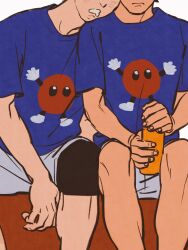 Rule 34 | 2boys, akaashi keiji, blue shirt, bokuto koutarou, bottle, chengongzi123, closed mouth, commentary, cropped head, drooling, feet out of frame, grey shorts, haikyuu!!, highres, holding, holding bottle, knee pads, leaning on person, male focus, mouth drool, multiple boys, shirt, short sleeves, shorts, simple background, sitting, sleeping, symbol-only commentary, water bottle, white background
