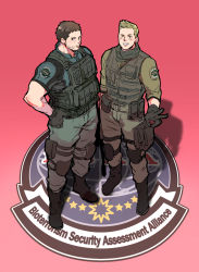 Rule 34 | 2boys, black gloves, black hair, boots, brown hair, bulletproof vest, chris redfield, closed mouth, english text, facial hair, gloves, green pants, green shirt, highres, knee pads, kuconoms, male focus, multiple boys, pants, piers nivans, resident evil, resident evil 6, shirt, short hair, smile, teeth, v