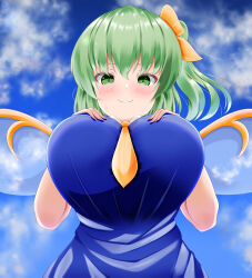 Rule 34 | 1girl, ascot, blue sky, breasts, closed mouth, cloud, daiyousei, fairy wings, from below, green eyes, green hair, hands on own chest, highres, huge breasts, looking at viewer, musi tino, outdoors, side ponytail, sky, solo, touhou, transparent wings, upper body, wings, yellow ascot