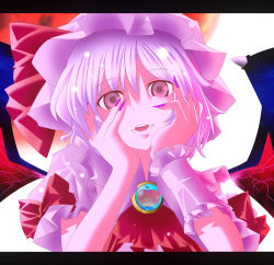 Rule 34 | 1girl, :3, apple, female focus, food, fruit, hands on own cheeks, hands on own face, hat, hat ribbon, letterboxed, open mouth, pink hair, puffy sleeves, purple eyes, ramutaizumu, remilia scarlet, ribbon, short hair, short sleeves, solo, touhou, wings, yandere trance
