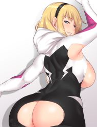 Rule 34 | 1girl, arms up, ass, ass cutout, aster crowley, backboob, blonde hair, blue eyes, blush, bodysuit, breasts, breasts out, clothing cutout, eyebrow piercing, hairband, heavy breathing, highres, hood, hooded bodysuit, large breasts, looking at viewer, looking back, looking up, marvel, open mouth, outstretched arm, parted lips, piercing, short hair, simple background, skin tight, smile, solo, spider-gwen, spider-man: into the spider-verse, spider-man (series), spider-verse, sweat, white background