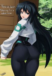 Rule 34 | 1girl, absurdres, aqua eyes, ass, black bodysuit, black hair, blush, bodysuit, from behind, gundam, gundam build divers, gundam build divers re:rise, hammerofsolace, highres, impossible bodysuit, impossible clothes, long hair, looking at viewer, looking back, may (gundam build divers re:rise), open mouth, outdoors, shrug (clothing), skin tight, solo, standing, very long hair