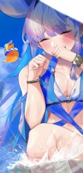 Rule 34 | 1girl, :d, arms up, azur lane, bare shoulders, blue one-piece swimsuit, blue sky, blunt bangs, blush, bracelet, breasts, character request, clenched hands, cloud, dasui191023, earrings, hat, highres, jewelry, large breasts, laughing, lize helesta, long hair, multicolored hair, nijisanji, one-piece swimsuit, open mouth, partially submerged, sebastian piyodore, sky, smile, swimsuit, virtual youtuber, water