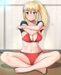 Rule 34 | 1girl, black shirt, blonde hair, blue eyes, blush, bra, braid, breasts, cleavage, clothes lift, collarbone, commentary request, darkness (konosuba), gatchan, hair between eyes, hair ornament, highres, kono subarashii sekai ni shukufuku wo!, large breasts, lifting own clothes, long hair, looking at viewer, md5 mismatch, navel, panties, ponytail, red bra, red panties, resolution mismatch, shirt, shirt lift, sitting, solo, source smaller, spread legs, underwear, wavy mouth, wooden floor, x hair ornament