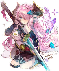 Rule 34 | 1girl, arrow (symbol), asymmetrical gloves, bare shoulders, black gloves, black skirt, blue eyes, blush, braid, breasts, commentary request, copyright name, curled horns, draph, elbow gloves, eyebrows hidden by hair, fingerless gloves, gloves, granblue fantasy, granblue fantasy versus, hair ornament, hair over one eye, haku (sabosoda), holding, holding sword, holding weapon, horns, katana, large breasts, long hair, looking at viewer, narmaya (granblue fantasy), parted lips, pink hair, shirt, single fingerless glove, skirt, sleeveless, sleeveless shirt, solo, sword, uneven gloves, very long hair, weapon, white background, white shirt