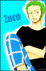 Rule 34 | 1boy, black shirt, blue background, character name, crossed arms, earrings, green hair, jewelry, ladynoa, male focus, one piece, pirate, roronoa zoro, scar, shirt, simple background, sitting, solo, t-shirt