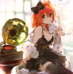 Rule 34 | 1girl, ahoge, alternate costume, bare shoulders, black dress, black thighhighs, bloom, bow, breasts, cleavage, commentary request, dress, earrings, fate/grand order, fate (series), feather boa, fujimaru ritsuka (female), hair between eyes, hair bow, jewelry, namie-kun, necklace, one side up, orange hair, phonograph, polka dot, polka dot dress, sitting, smile, solo, thighhighs, yellow eyes