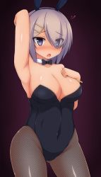 Rule 34 | 10s, animal ears, bow, bowtie, breasts, cleavage, detached collar, eyes visible through hair, fake animal ears, fishnet pantyhose, fishnets, hair ornament, hair over one eye, hairclip, hamakaze (kancolle), highres, kantai collection, large breasts, leotard, looking at viewer, pantyhose, playboy bunny, rabbit ears, short hair, silver hair, solo, zack (haiuinndo)